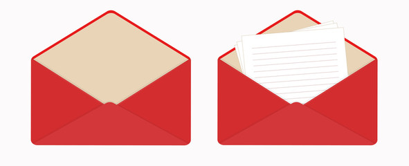 Letter in open red envelope, blank sheets of paper, empty envelope.