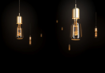 Concept vintage glowing light fuel efficiency bulbs on dark background. Lamp bulb. Light lamp. realistic 3D render. 3d illustration. Life ecology green theme concept