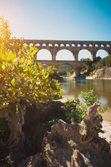 Tourist route to the ancient Roman aqueduct Pont du Gard on the river Gardon