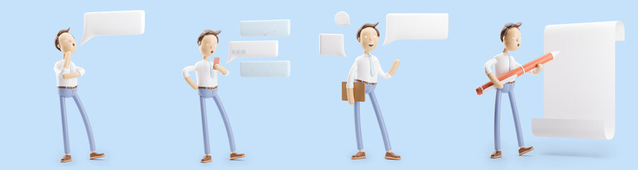 set of 3d illustrations. Businessman Jimmy with bubble talk, pen and paper.