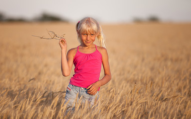 Naklejka na ściany i meble Beautiful baby girl with white hair in a wheat field in summer