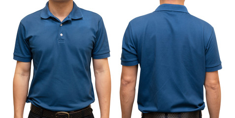 Blue blank polo t-shirt on human body for graphic design mock up - obrazy, fototapety, plakaty