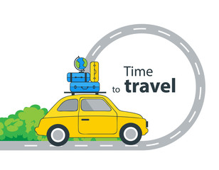Traveling by yellow car with a luggage bags and globe on the roof. Flat style vector illustration isolated on white background. Road. Blank space for your content, template.