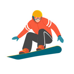 Snowboarder. Vector illustration of a man in red winter jacket, jumping on the snowboard in trendy flat style. Isolated on white - obrazy, fototapety, plakaty