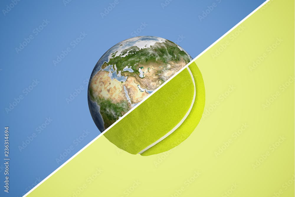 Poster 3d rendering of a sphere split in halves with a diagonal line, one half being planet earth and the o