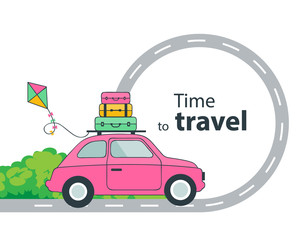 Summer trip vector illustration space for your text. Car trip to camp, tourism concept.