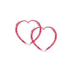 Two red heart on white background sign. Symbol linked, join, love, passion and wedding. Template for t shirt, apparel, card, poster, valentine day. Design element. Vector illustration.