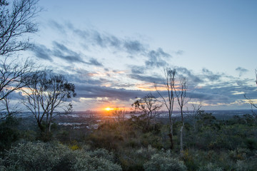 Sunset landscape from Mundaring and Perth city at the horizon