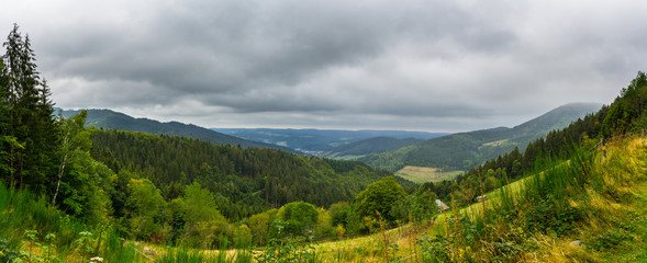 Germany, XXL panorama of colorful autumn forest of Elz valey in black forest region