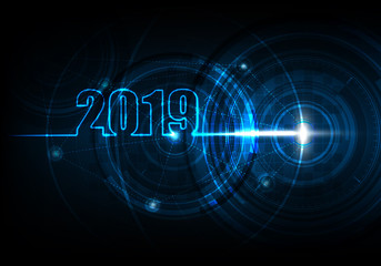 2019 Happy new year with technology abstract background of futuristic telecom and network communication, Vector illustration