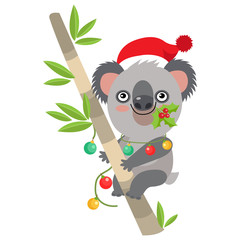 Funny Koala Christmas Vector. Cute Animal Cartoon Character Holiday Vector Illustration On A White Background. Koala In A Santa Hat Sitting On The Eucalyptus Tree.