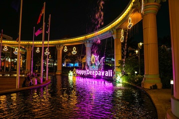 Lights signage for the celebration of Deepavali, festival of lights, in selangor area in Malaysia. The sign says "Happy Deepavali" in English and Tamil