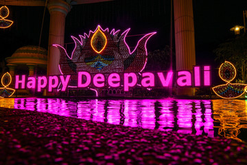 Lights signage for the celebration of Deepavali, festival of lights, in selangor area in Malaysia. The sign says "Happy Deepavali" in English and Tamil