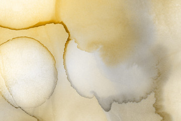 Gold alcohol ink wash texture on clean paper background. Liquid paint flow. Transparent ethereal effect.
