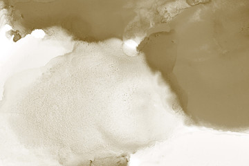 Gold alcohol ink wash texture on clean paper background. Liquid paint flow. Transparent ethereal effect.