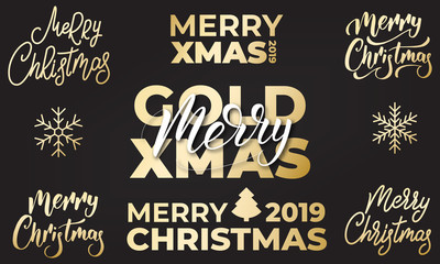 Christmas labels. Set of Xmas lettering typography gold badges.