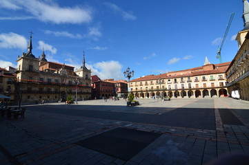Naklejka premium Main Square With Its Beautiful City Hall Building In Leon. Architecture, Travel, History, Street Photography. November 2, 2018. Leon Castilla y Leon Spain.