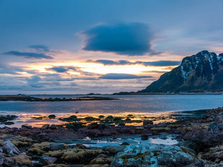 Sunset at Atlantic Ocean coast near Gimstad, Bo, Langoya Island, Vesteralen, Norway
