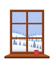 Window overlooking the winter landscape. Cartoon flat style. Vector illustration.