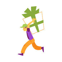 Vector happy young man running carrying huge present box with green wrapping ribbon, bow holding it at shoulders. Birthday, anniversary, christmas or new year holiday surprise present