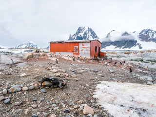 Naval refuge Groussac on Petermann Island and Mount Scott on Antarctic Peninsula, Antarctica