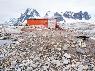 Naval refuge Groussac on Petermann Island and Mount Scott on Antarctic Peninsula, Antarctica