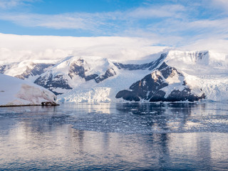 Floating brash ice and glaciers of Lester Cove and Neko Harbor, Andvord Bay, Arctowski Peninsula, Antarctica