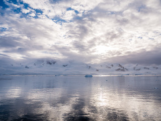 Snow-capped mountains of Almirante ice fringe, Andvord Bay, Arctowski Peninsula, mainland of Antarctica