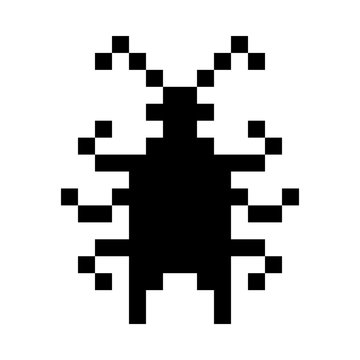 Vector pixel bug icon. Computer virus pictogram. Black bug icon isolated on white background.