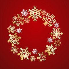 Christmas Wreath made of golden and white snowflakes. Elegant vector greeting card, poster, flyer. Creative ornament decoration New Year, Winter Holidays template for celebration Bright Red background