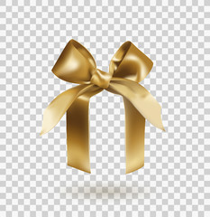 Golden elegant bow with knot on abstract box isolated on transparent background. Realistic vector illustration.