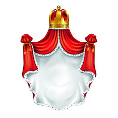 Medieval coat of arms, heraldic emblem realistic vector template isolated on white background. Kings gold crown with gems, coronation cloak, royal canopy of red silk decorated ermine fur illustration © vectorpouch