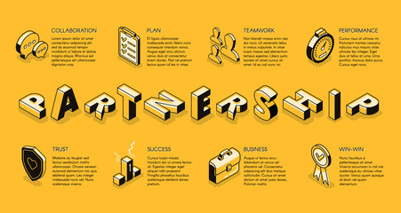 Business partnership line art, isometric vector banner. Corporate principles, business teams collaboration for better performance and success concept. Investment company, business courses landing page