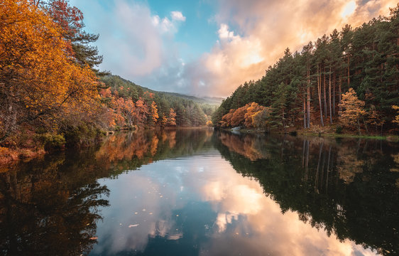 Amazing river between autumn forest and hills