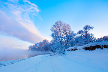 Fototapeta na wymiar Winter landscape of trees and river in a foggy morning. Frost and cold and sunshine.