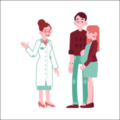 Vector happy pregnant woman with belly, man with a smile at gynecologist visit at clinic. Adult couple future parents of a baby at consultation. Concept of pregnancy and motherhood illustration