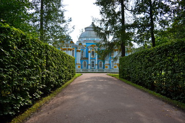alley in a beautiful city Park surrounded by evenly trees and green hedges with a ground walkway leading to a luxurious Palace on a Sunny summer day