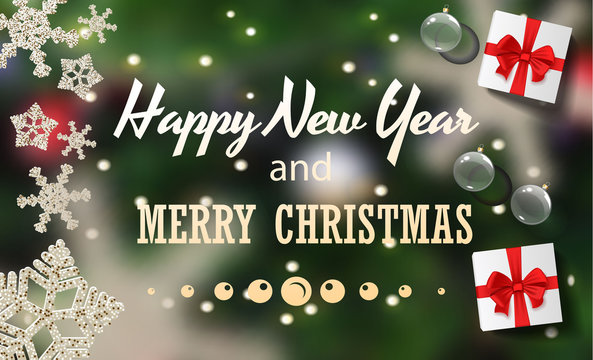Merry Christmas and Happy New Year card with beautiful golden snowflakes.