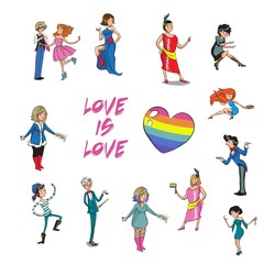 Fototapeta premium lgbtq community happy hugging young people covered with an lgbt rainbow flag flat editable