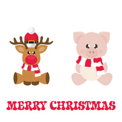 winter cartoon pig with scarf sitting and сhristmas deer and christmas text