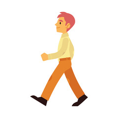 Young smiling man walking isolated on white background in flat style - vector illustration of side view of male character in casual clothing moving forward. Full length portrait of boy going.