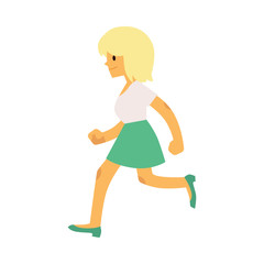 Young smiling girl in casual clothing running in flat style isolated on white background - vector illustration side view of hurrying female character jogging, moving forward.