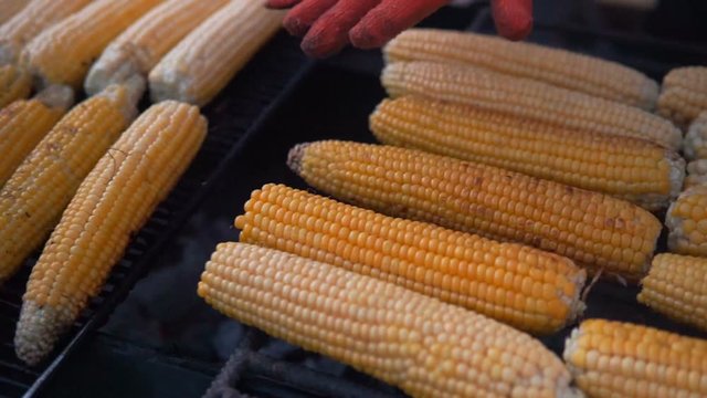 Close up of appetizing grilled sweet corn on the bbq grill. Street food festival.