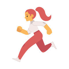 Vector illustration of young smiling girl in casual clothing running in flat style isolated on white background - side view of happy female character hurrying and moving forward.