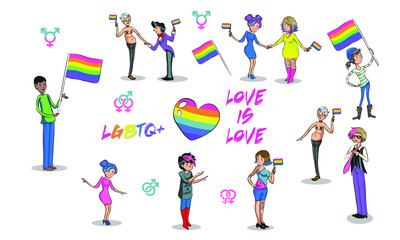 Fototapeta na wymiar lgbtq community happy hugging young people covered with an lgbt rainbow flag flat editable