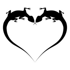 Two lizard's silhouette on Valentine shape on white