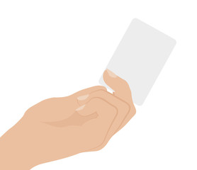 Hand holding white card, isolated on white background