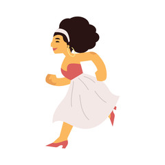 Vector illustration of young happy girl in casual clothing running forward in flat style isolated on white background. Side view of hurrying female character moving with smile.