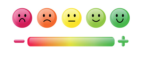 Color emoticon. Set five faces smiley scale, smile, neutral and sad in red, orange and green isolated on white with scale bar rating and plus and minus sign. Customer satisfaction feedback concept