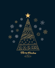 Modern greeting card Merry Christmas background. Vector illustration with Christmas tree and snowflakes. The colors gold, white and black
